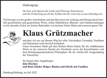 Traueranzeige von Klaus Grützmacher  von Magdeburger Volksstimme