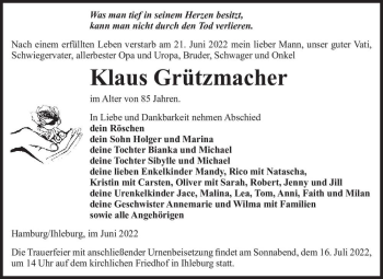 Traueranzeige von Klaus Grützmacher  von Magdeburger Volksstimme