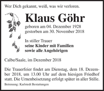 Traueranzeige von Klaus Göhr  von Magdeburger Volksstimme