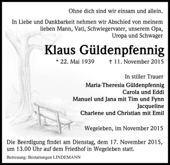 Traueranzeige von Klaus Güldenpfennig  von Magdeburger Volksstimme