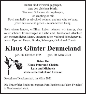 Traueranzeige von Klaus Günter Deumeland  von Magdeburger Volksstimme
