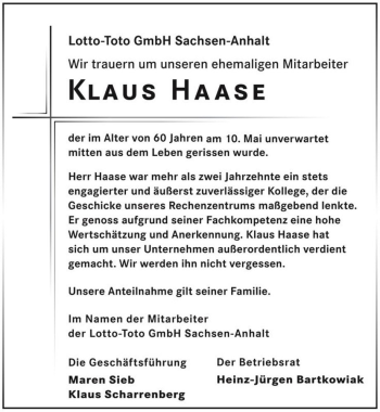 Traueranzeige von Klaus Haase  von Magdeburger Volksstimme