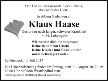 Traueranzeige von Klaus Haase  von Magdeburger Volksstimme