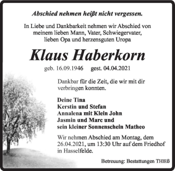 Traueranzeige von Klaus Haberkorn  von Magdeburger Volksstimme