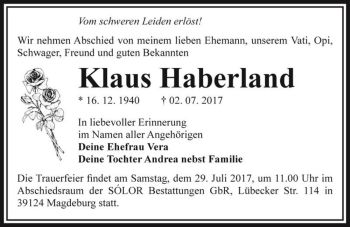 Traueranzeige von Klaus Haberland  von Magdeburger Volksstimme