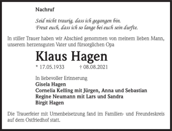 Traueranzeige von Klaus Hagen  von Magdeburger Volksstimme