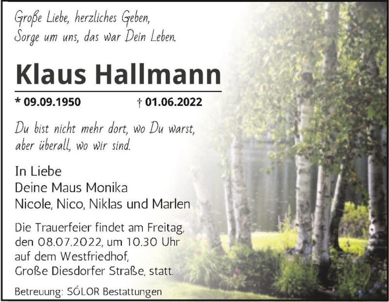  Traueranzeige für Klaus Hallmann  vom 25.06.2022 aus Magdeburger Volksstimme