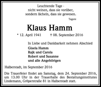 Traueranzeige von Klaus Hamm  von Magdeburger Volksstimme