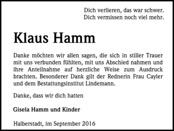 Traueranzeige von Klaus Hamm  von Magdeburger Volksstimme