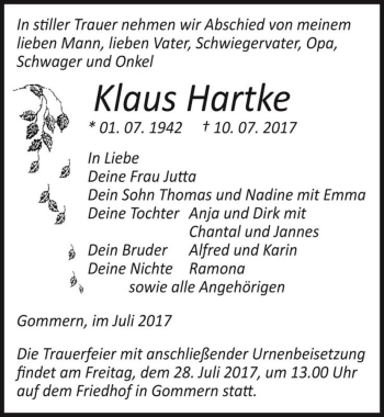 Traueranzeige von Klaus Hartke  von Magdeburger Volksstimme