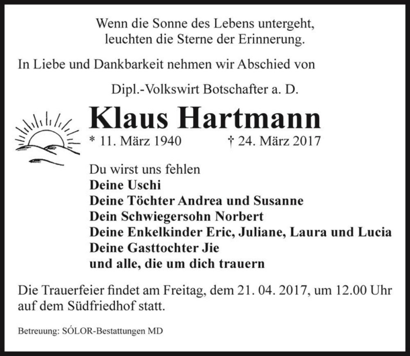  Traueranzeige für Klaus Hartmann  vom 15.04.2017 aus Magdeburger Volksstimme