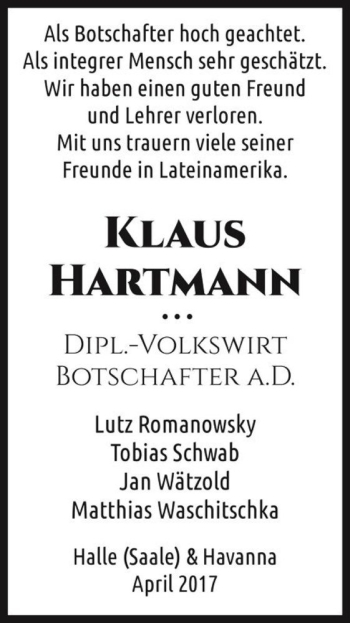 Traueranzeige von Klaus Hartmann  von Magdeburger Volksstimme