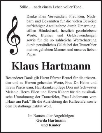 Traueranzeige von Klaus Hartmann  von Magdeburger Volksstimme