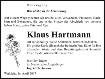 Traueranzeige von Klaus Hartmann  von Magdeburger Volksstimme