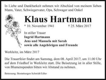 Traueranzeige von Klaus Hartmann  von Magdeburger Volksstimme