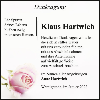 Traueranzeige von Klaus Hartwich  von Magdeburger Volksstimme