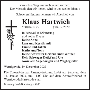 Traueranzeige von Klaus Hartwich  von Magdeburger Volksstimme