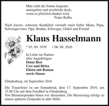 Traueranzeige von Klaus Hasselmann  von Magdeburger Volksstimme