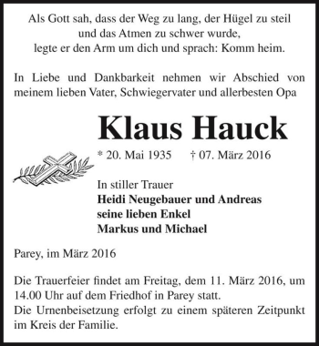 Traueranzeige von Klaus Hauck  von Magdeburger Volksstimme