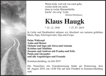 Traueranzeige von Klaus Haugk  von Magdeburger Volksstimme