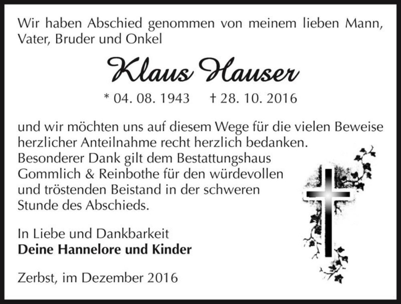  Traueranzeige für Klaus Hauser  vom 10.12.2016 aus Magdeburger Volksstimme