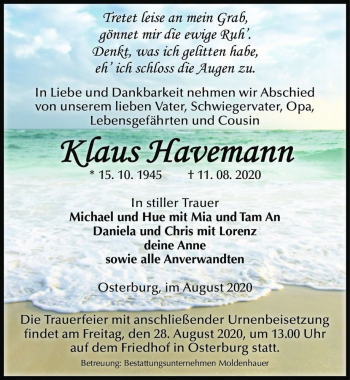 Traueranzeige von Klaus Havemann  von Magdeburger Volksstimme