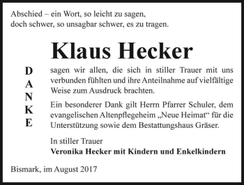 Traueranzeige von Klaus Hecker  von Magdeburger Volksstimme