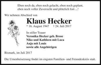 Traueranzeige von Klaus Hecker  von Magdeburger Volksstimme