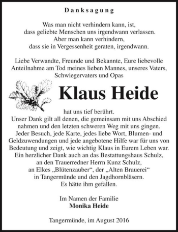 Traueranzeige von Klaus Heide  von Magdeburger Volksstimme