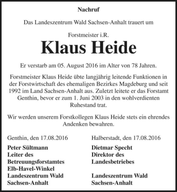 Traueranzeige von Klaus Heide  von Magdeburger Volksstimme