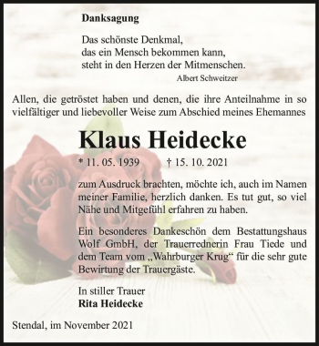 Traueranzeige von Klaus Heidecke  von Magdeburger Volksstimme