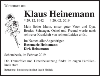 Traueranzeige von Klaus Heinemann  von Magdeburger Volksstimme