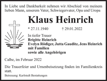Traueranzeige von Klaus Heinrich  von Magdeburger Volksstimme