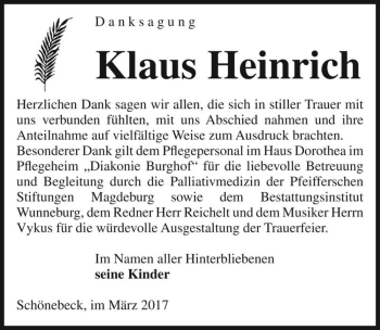 Traueranzeige von Klaus Heinrich  von Magdeburger Volksstimme