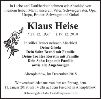 Traueranzeige von Klaus Heise  von Magdeburger Volksstimme