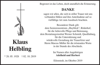 Traueranzeige von Klaus Helbling  von Magdeburger Volksstimme