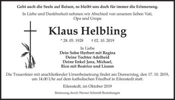 Traueranzeige von Klaus Helbling  von Magdeburger Volksstimme