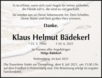 Traueranzeige von Klaus Helmut Bädekerl  von Magdeburger Volksstimme