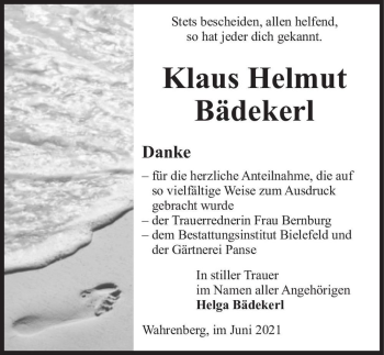 Traueranzeige von Klaus Helmut Bädekerl  von Magdeburger Volksstimme