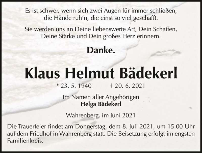  Traueranzeige für Klaus Helmut Bädekerl  vom 03.07.2021 aus Magdeburger Volksstimme