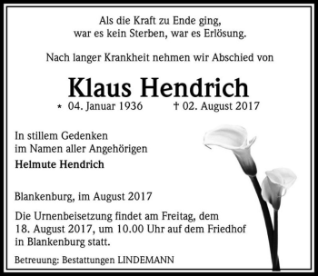 Traueranzeige von Klaus Hendrich  von Magdeburger Volksstimme