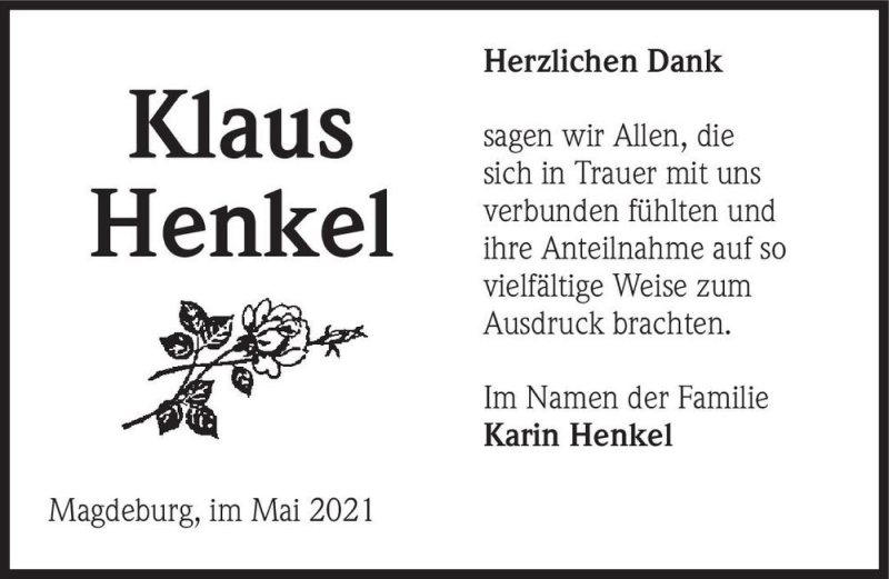  Traueranzeige für Klaus Henkel  vom 08.05.2021 aus Magdeburger Volksstimme