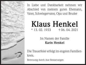 Traueranzeige von Klaus Henkel  von Magdeburger Volksstimme