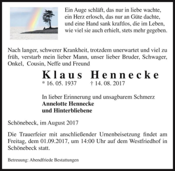 Traueranzeige von Klaus Hennecke  von Magdeburger Volksstimme