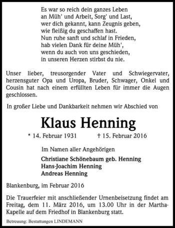 Traueranzeige von Klaus Henning  von Magdeburger Volksstimme