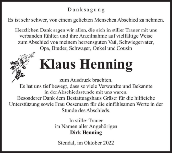 Traueranzeige von Klaus Henning  von Magdeburger Volksstimme