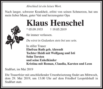 Traueranzeige von Klaus Henschel  von Magdeburger Volksstimme