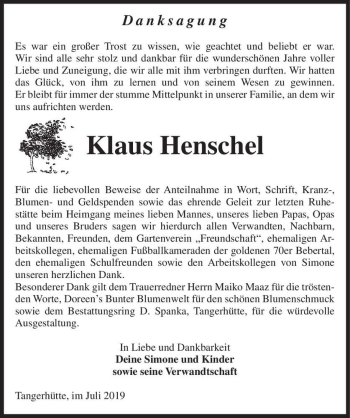 Traueranzeige von Klaus Henschel  von Magdeburger Volksstimme