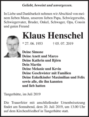Traueranzeige von Klaus Henschel  von Magdeburger Volksstimme