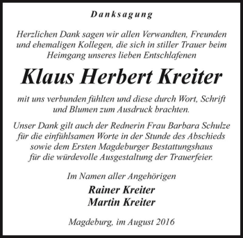 Traueranzeige von Klaus Herbert Kreiter  von Magdeburger Volksstimme